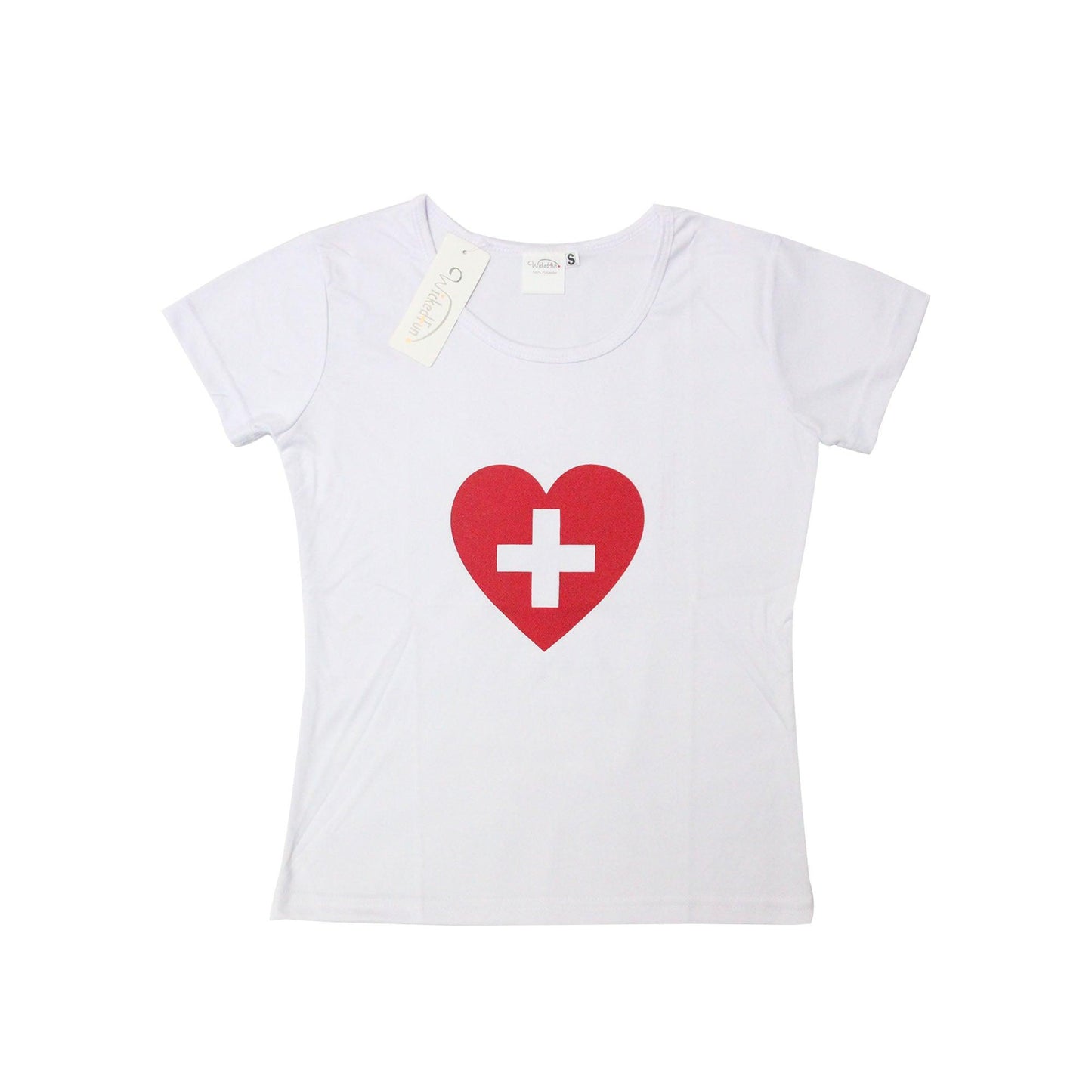 Ladies Nurse Red Cross Heart Printed T-shirt Short Sleeve White Healthcare Fancy Dress Top - Labreeze