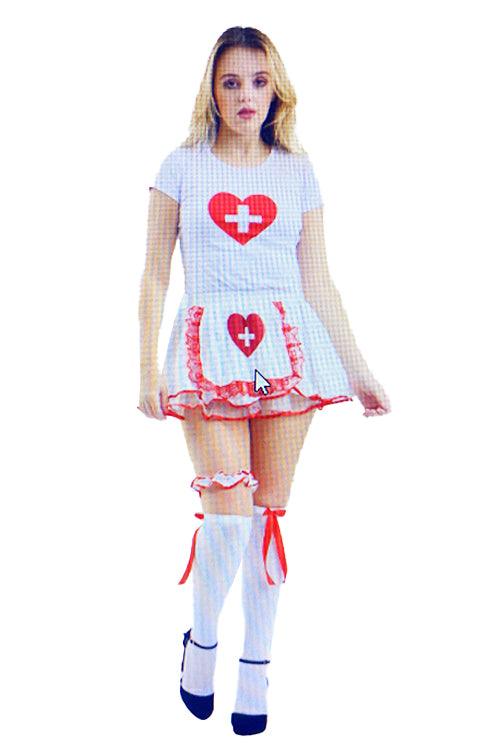 Ladies Nurse Red Cross Heart Printed T-shirt Short Sleeve White Healthcare Fancy Dress Top - Labreeze