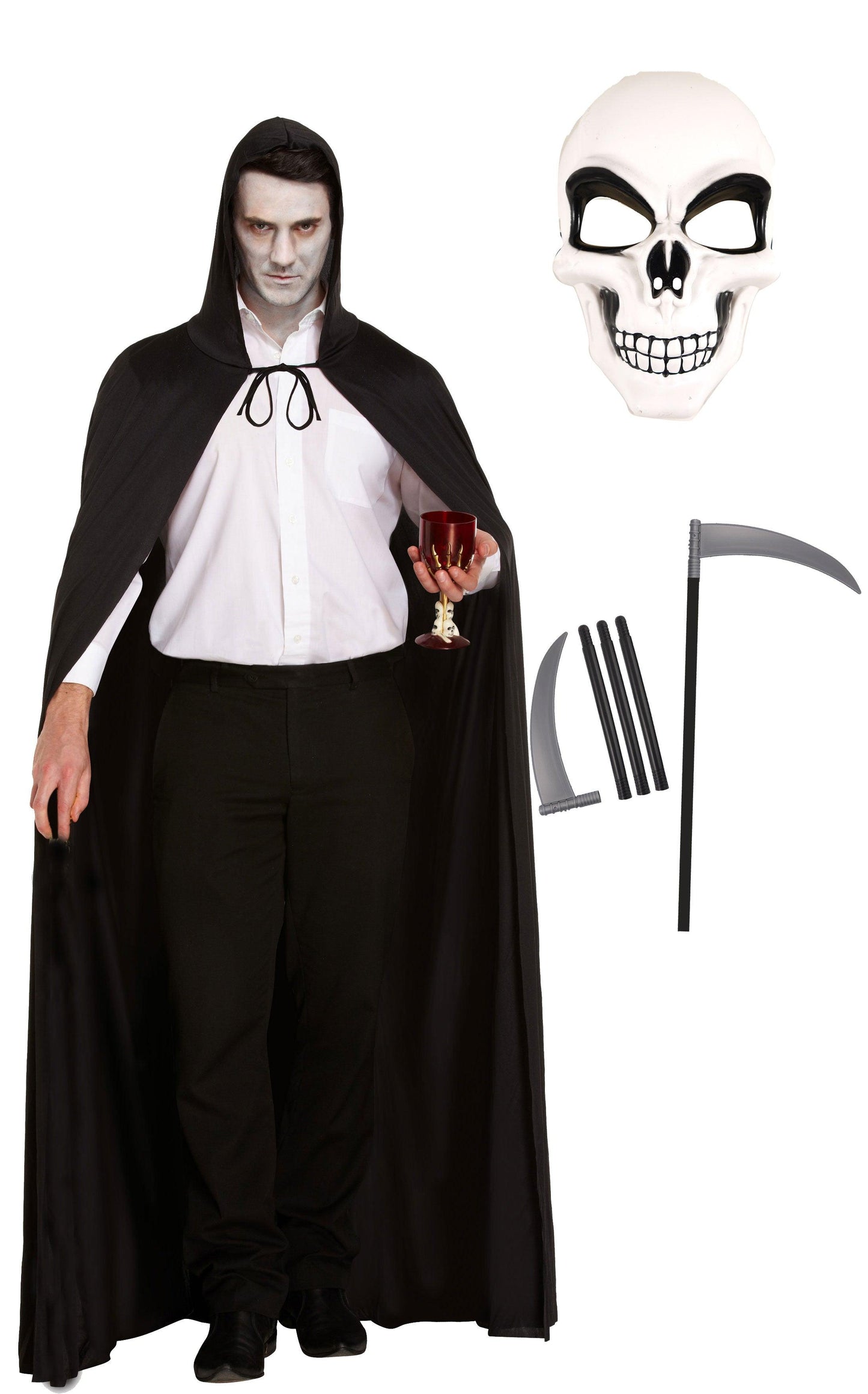 Long Black Cape with Hood White Skeleton Face Mask Plastic Scythe Halloween Scary Grim Reaper Fancy Dress Costume - Labreeze