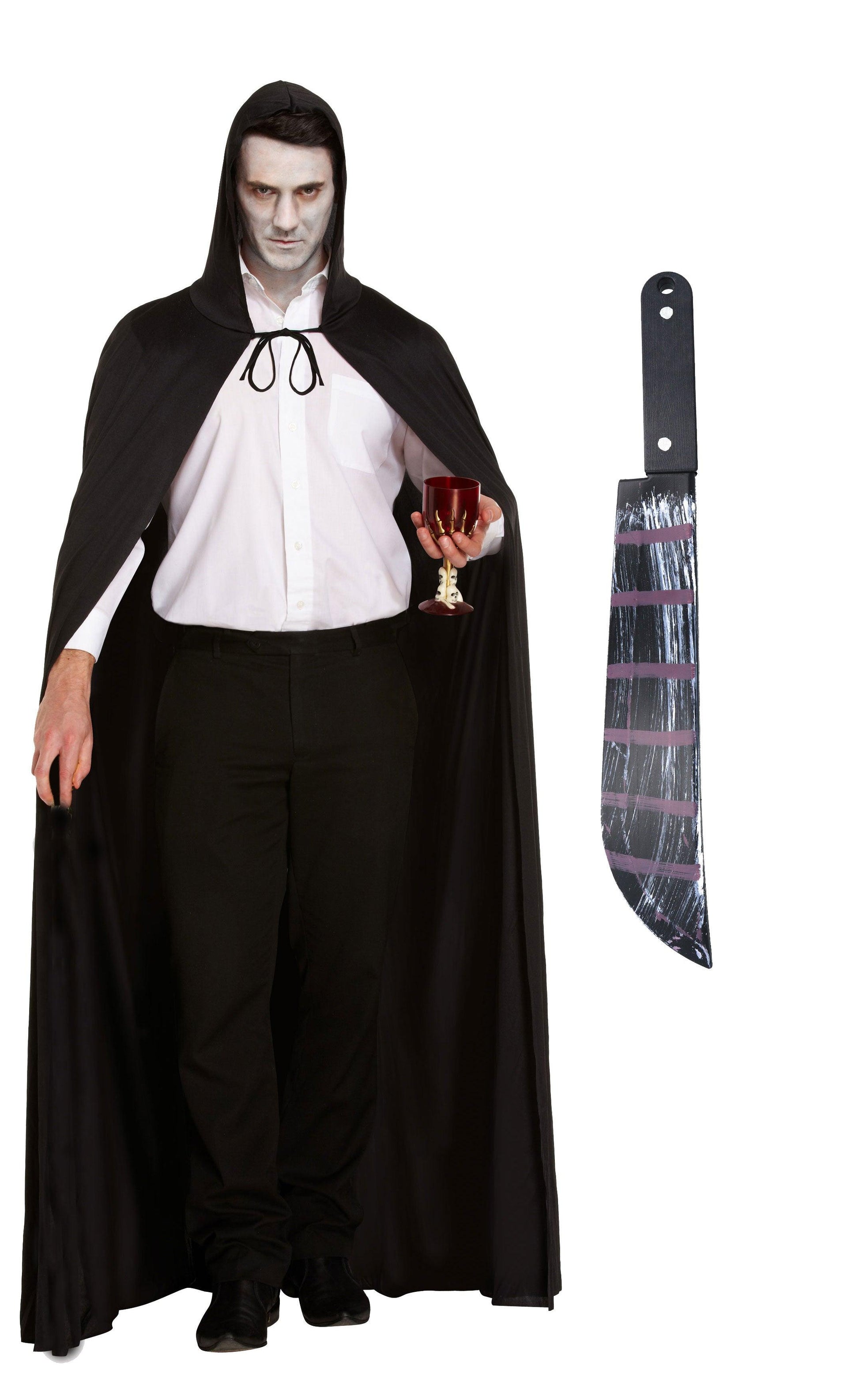 Long Black Halloween Cape with Hood Fake Blooded Machete Grim Reaper Wizard Witch Vampire Halloween Costume - Labreeze