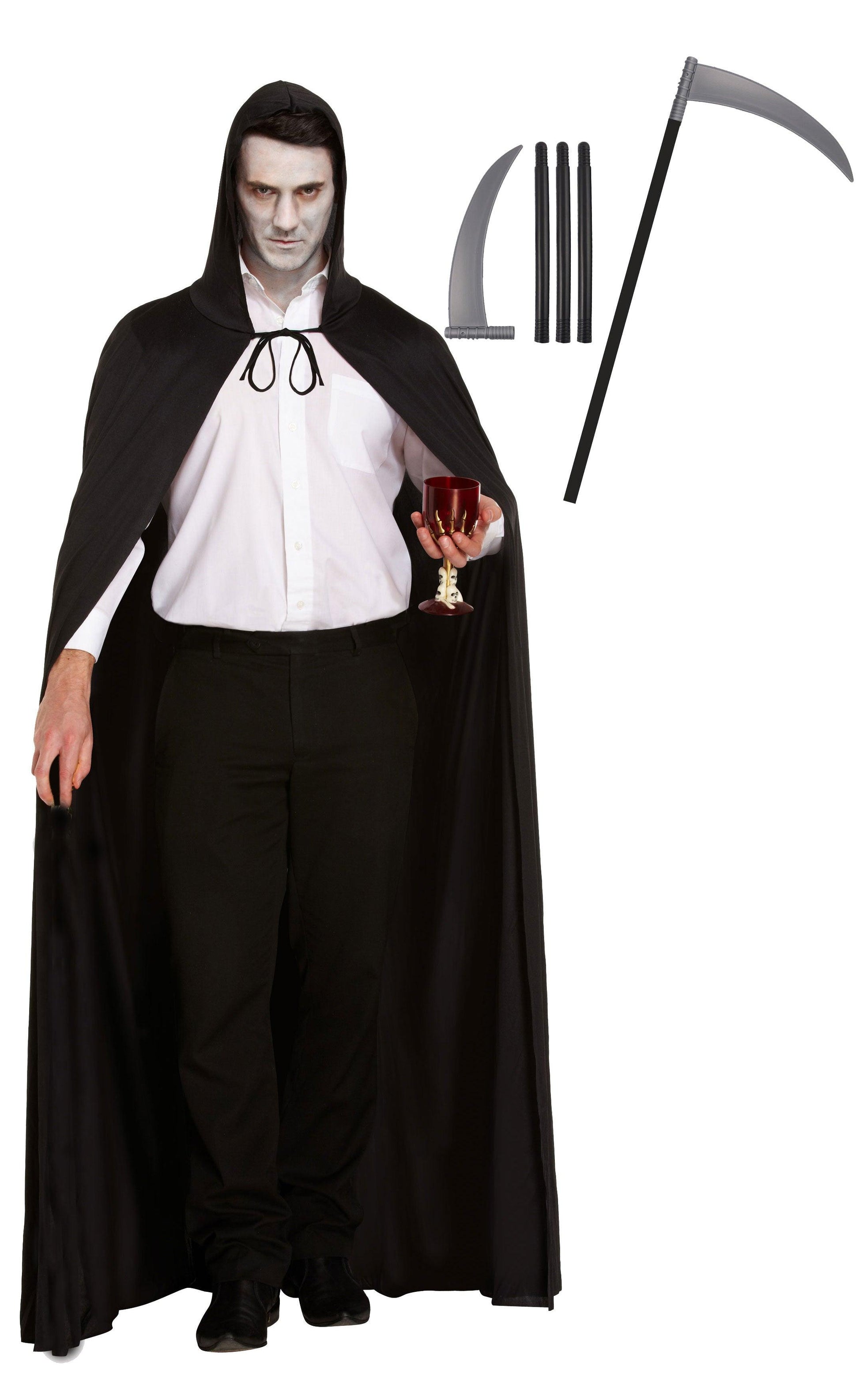 Long Black Halloween Cape with Hood Plastic Scythe Grim Reaper Halloween Horror Fancy Dress Costume - Labreeze