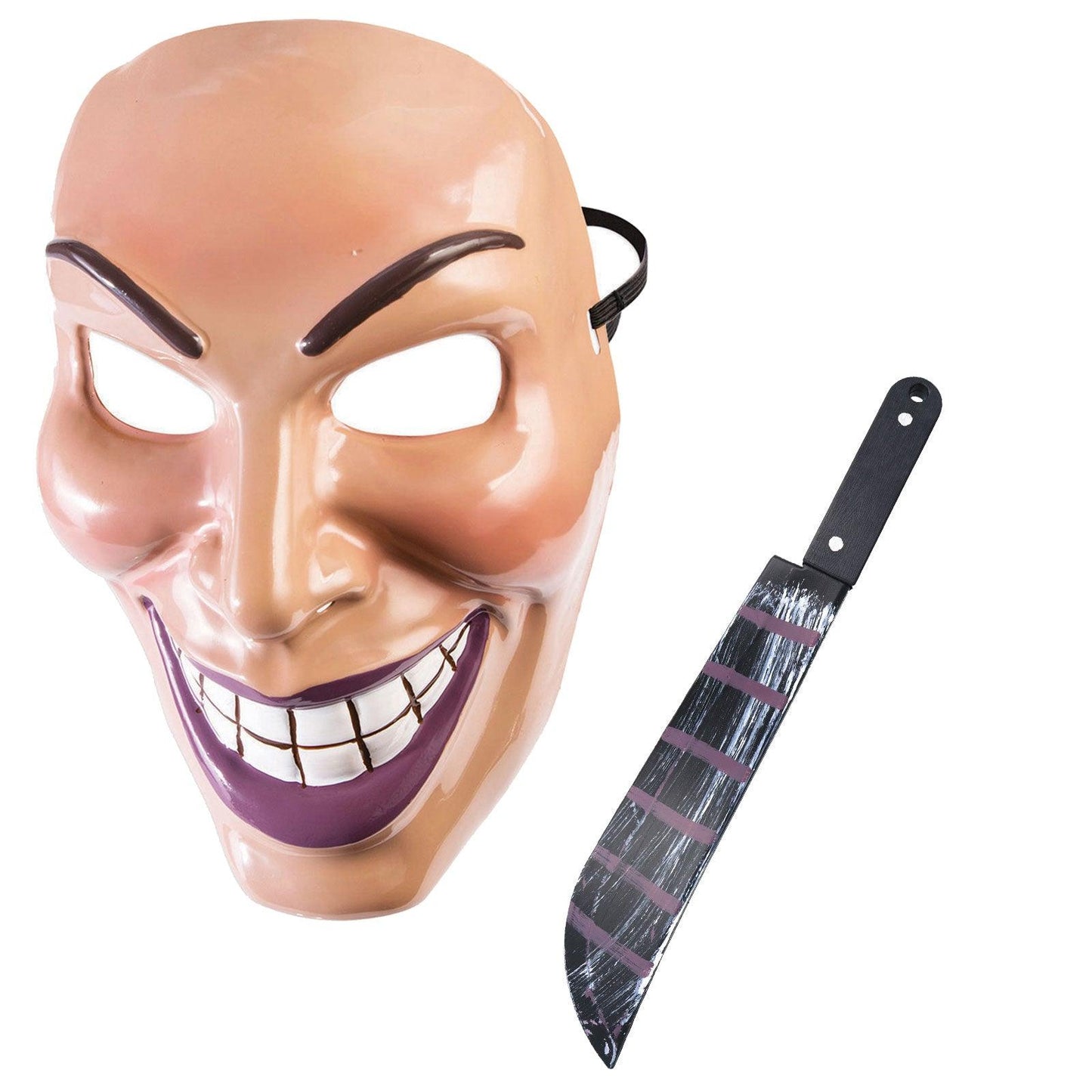 Male Evil Grin Purge Face Mask with Blood Splattered Machete Weapon Prop Halloween Scary Smile Fancy Dress Party Costume - Labreeze