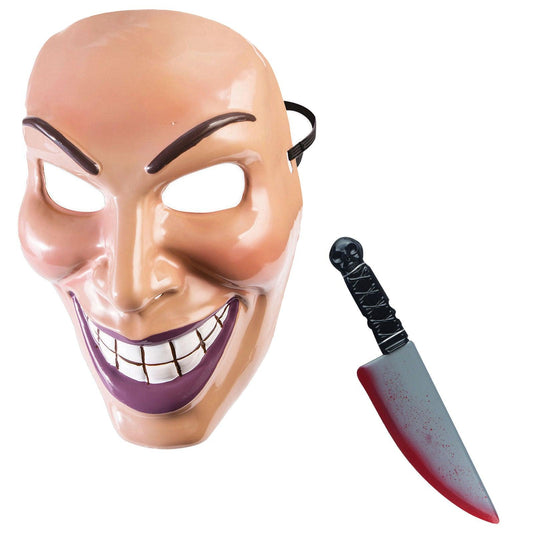 Male Evil Grin Purge Face Mask with Fake Blooded Knife Prop 38 Cm Halloween Scary Smile Fancy Dress Party Costume - Labreeze