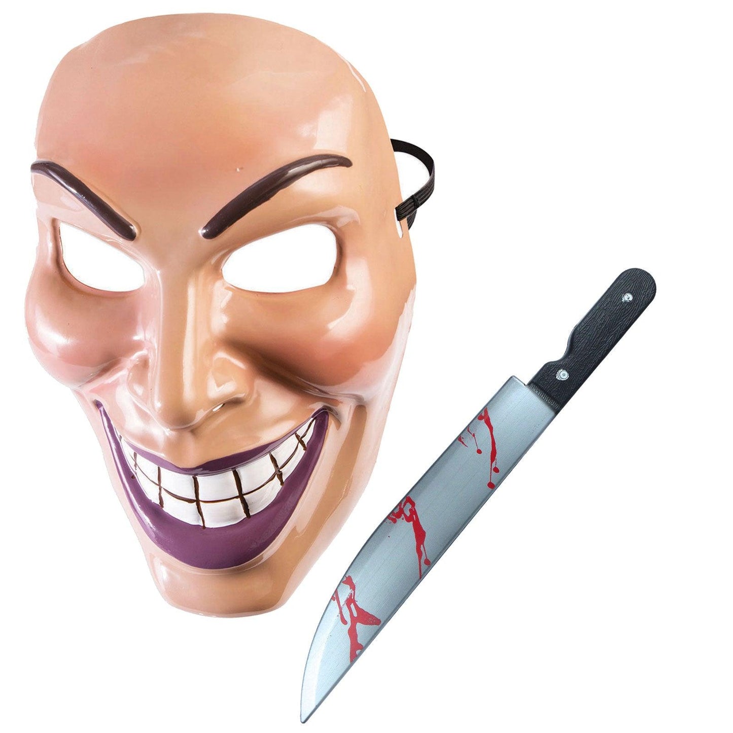 Male Evil Grin Purge Face Mask with Fake Bloody Kitchen Knife Prop 50 Cm Halloween Scary Smile Fancy Dress Party Costume - Labreeze