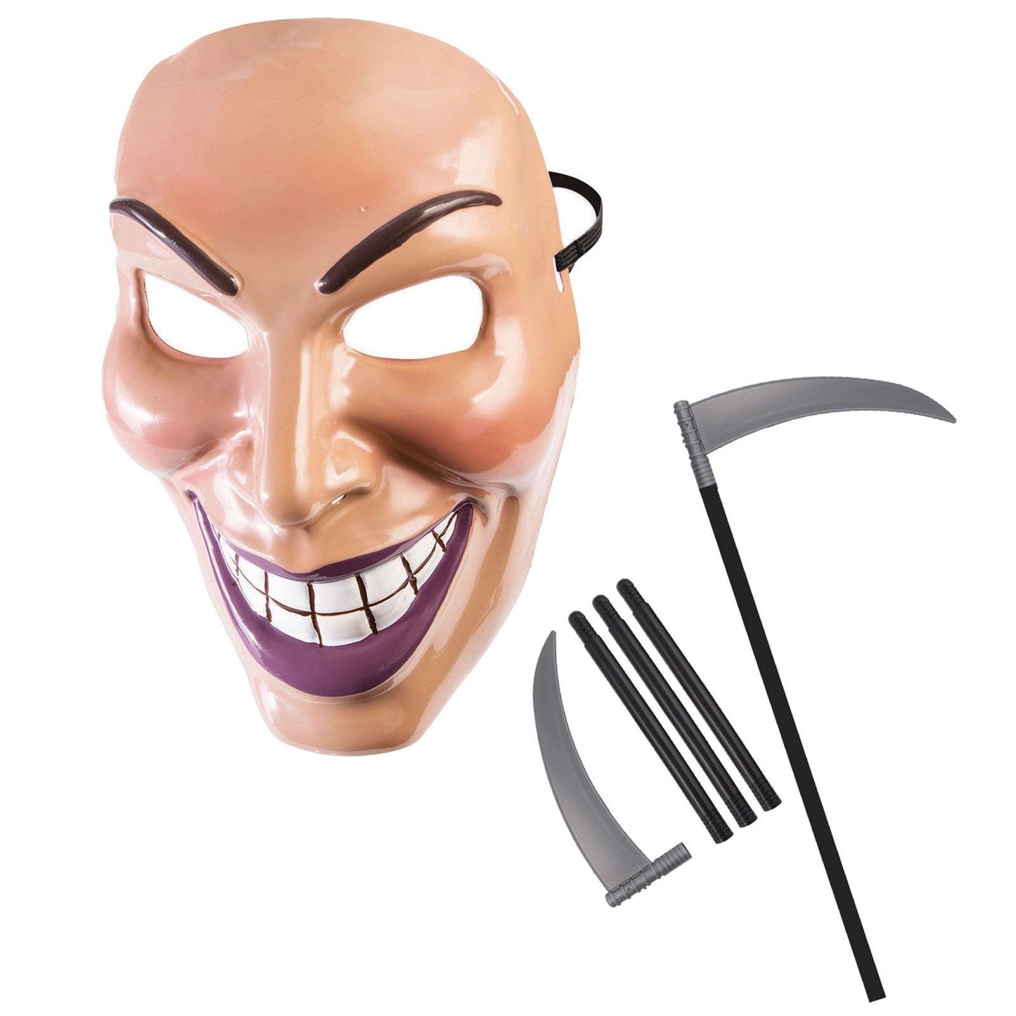 Male Evil Grin Purge Face Mask with Grim Reaper Scythe Plastic Prop 110 Cm Halloween Scary Smile Fancy Dress Party Costume - Labreeze