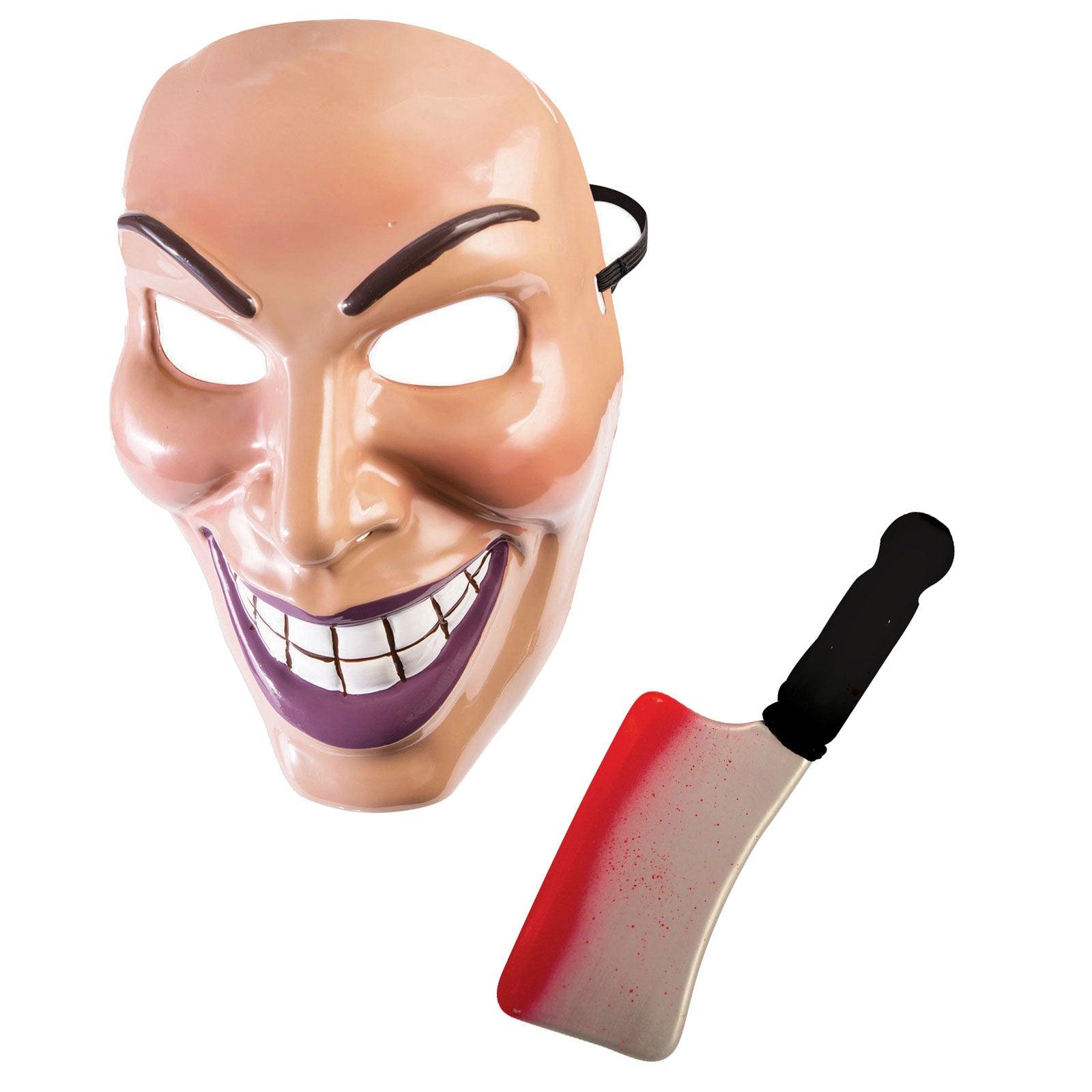 Male Evil Grin Purge Mask with Fake Blooded Cleaver Weapon Prop 35 Cm Halloween Scary Smile Fancy Dress Party Costume - Labreeze