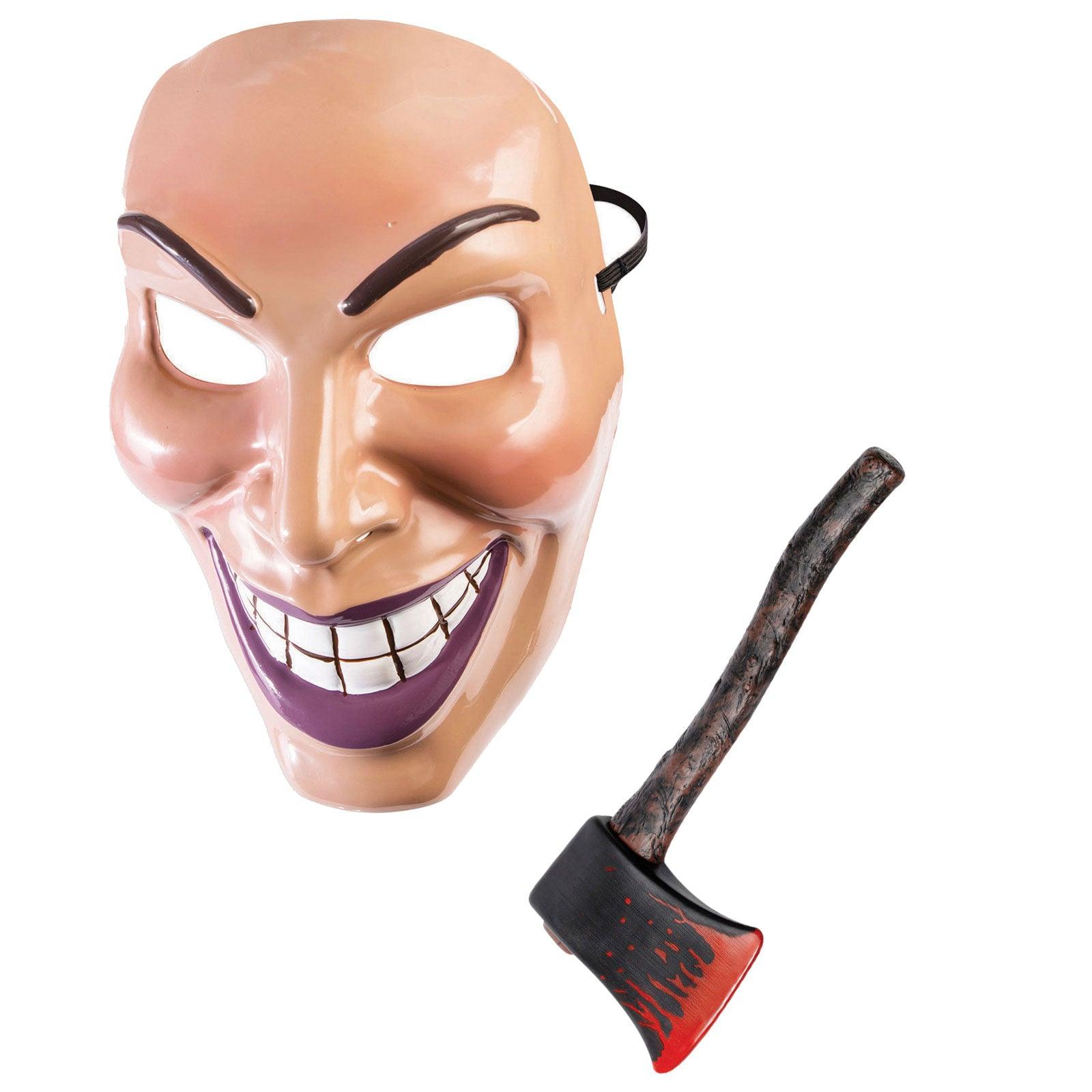 Male Evil Grin Purge Mask with Fake Bloody Axe Prop 42 Cm Halloween Scary Smile Fancy Dress Party Costume - Labreeze