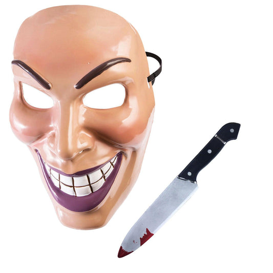 Male Evil Grin Purge Mask with Plastic Blooded Knife Weapon Prop 31 Cm Halloween Scary Smile Fancy Dress Party Costume - Labreeze