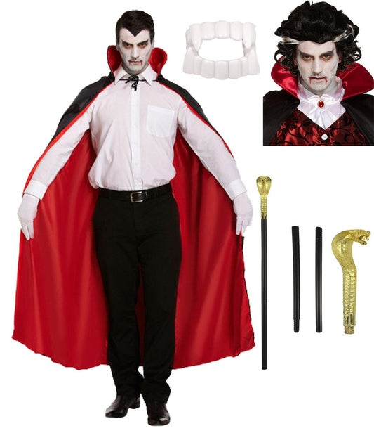 Male Vampire Wig Reversible Cape Snake Head Plastic Cane White Fanged Teeth Halloween Vampire Fancy Dress Costume - Labreeze