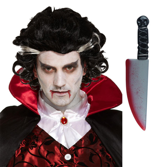 Men Vampire Wig 130g with Large Blooded Knife 38 Cm Halloween Spooky Scary Fancy Dress 2 Pcs Set - Labreeze