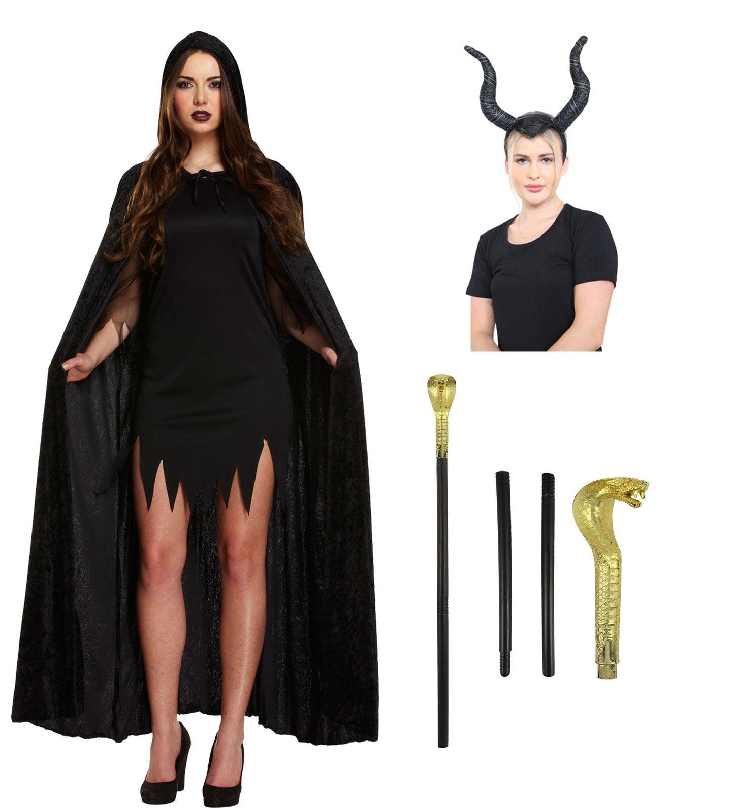 Mystical Fairytale Witch Horns Headband, Velvet Hooded Cape & Snake Cane Halloween Witch Costume Set - Labreeze