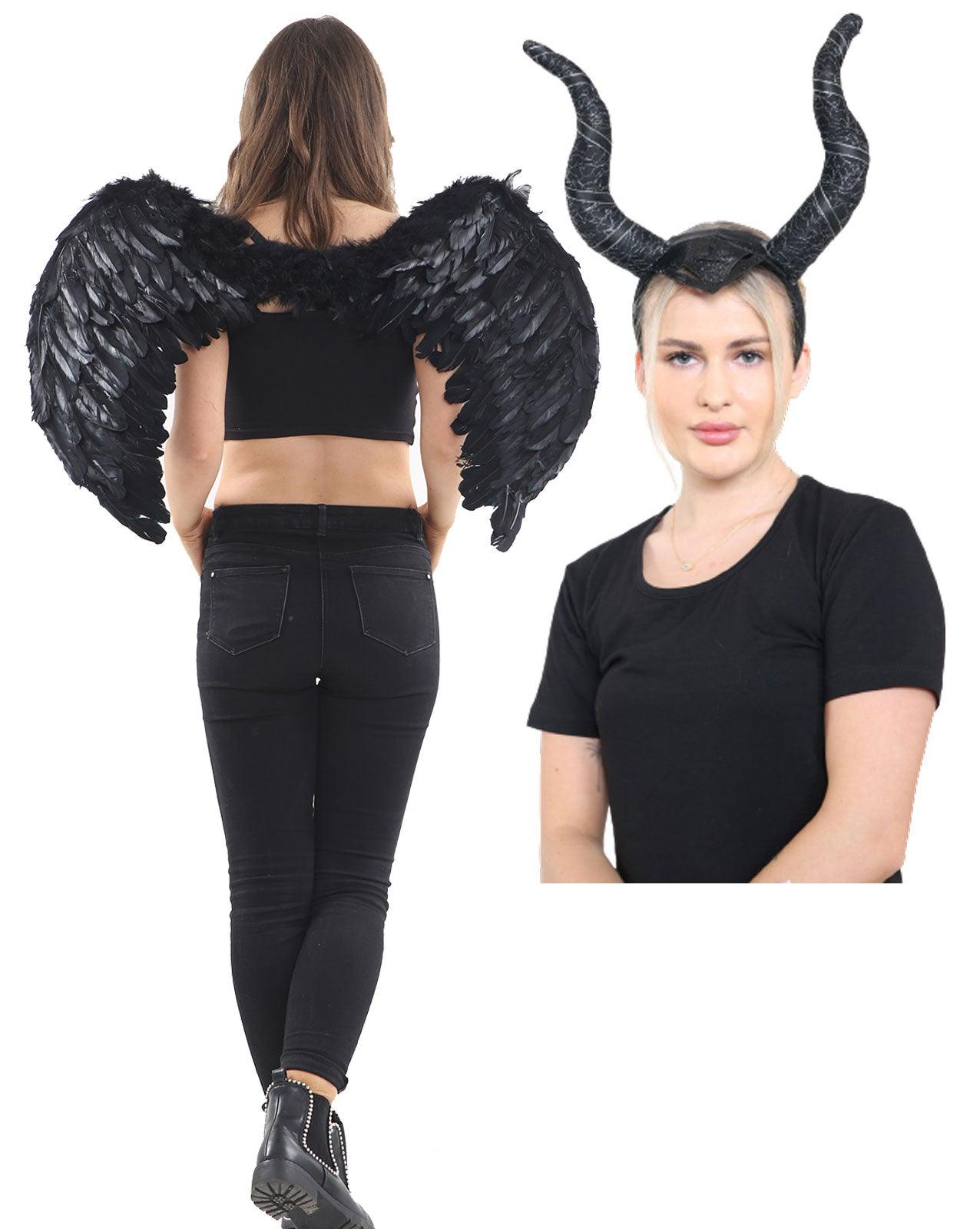 Mystical Witch Costume Set: Fairytale Witch Horns Headband and Large Black Feather Wings - Labreeze