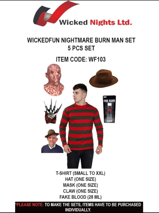 “Nightmare Burn” themed costume set for men, which includes a t-shirt, hat, mask, claw, and fake blood. - Labreeze