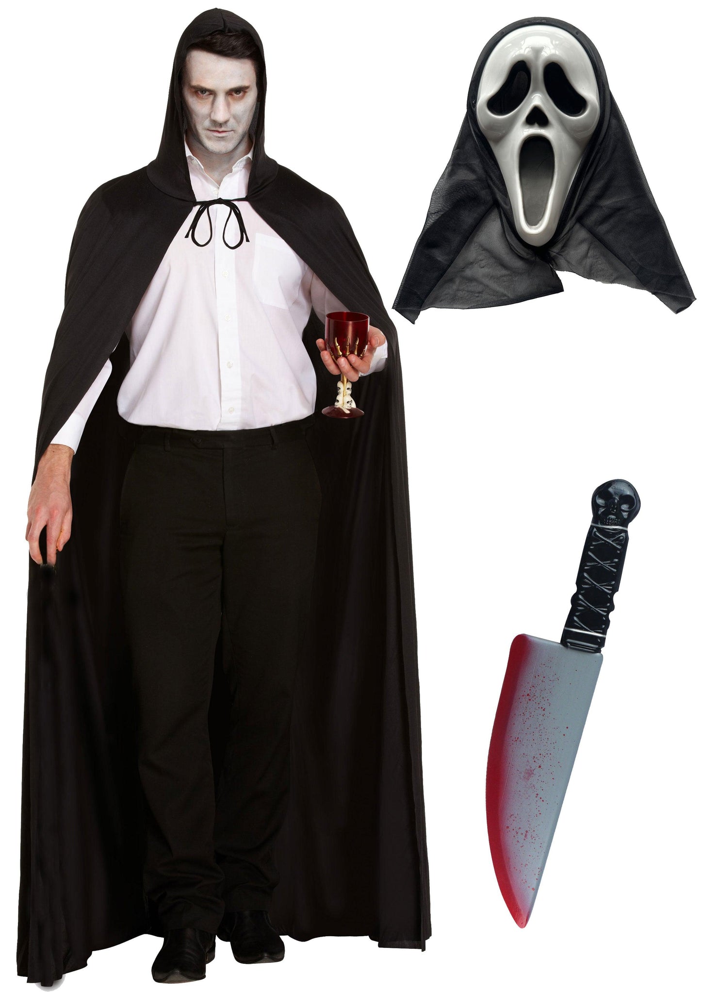 Nightmare Unleashed: Long Black Cape, Scream Ghost Killer Mask, and 38cm Fake Bloodied Knife Weapon - Labreeze