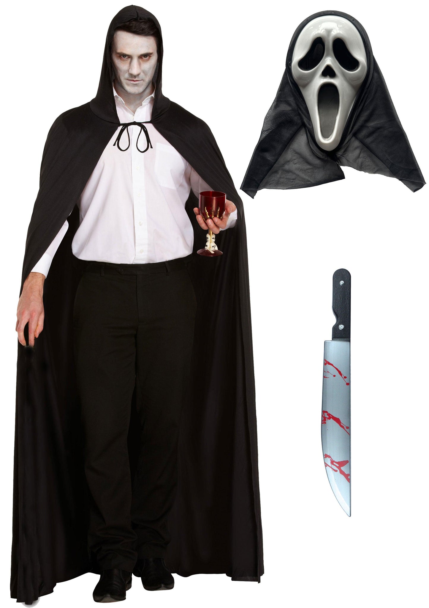 Nightmare Unleashed: Long Black Cape, Scream Ghost Killer Mask, and 50cm Fake Bloodied Kitchen Knife - Labreeze