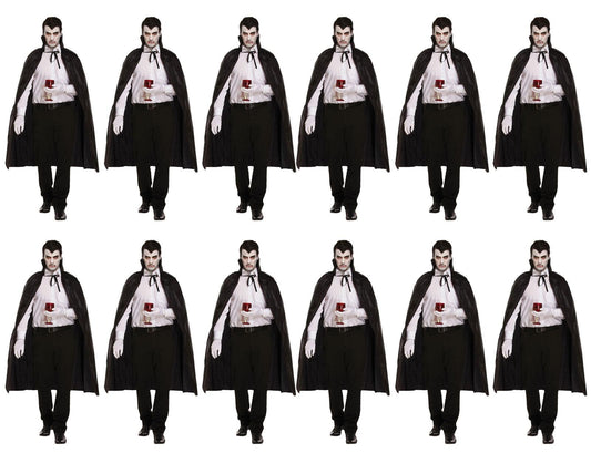 Pack of 12 Black Dracula Long Capes with Collar - Halloween Unisex Scary Vampire Fancy Dress Costume Accessories - Labreeze