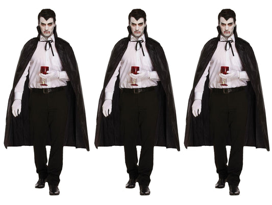 Pack of 3 Black Dracula Long Capes with Collar - Halloween Scary Vampire Fancy Dress Costume Accessories - Labreeze