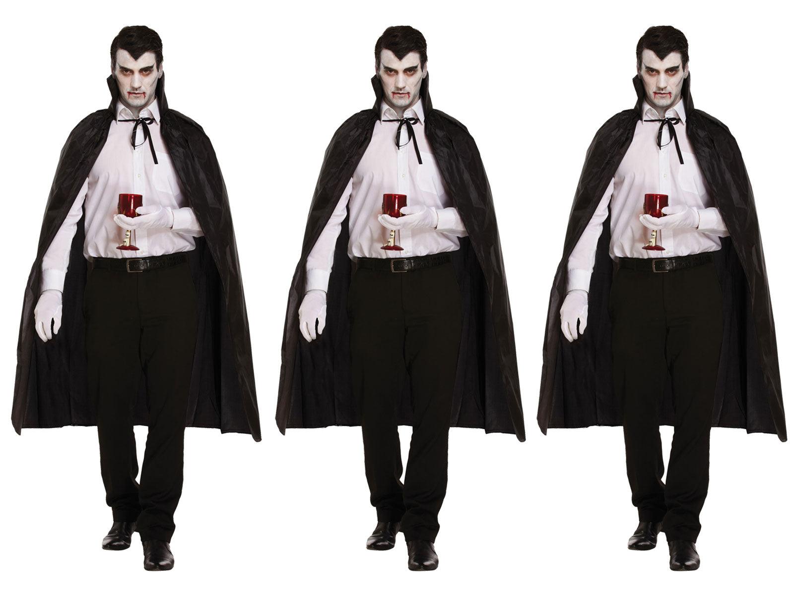 Pack of 3 Black Dracula Long Capes with Collar - Halloween Scary Vampire Fancy Dress Costume Accessories - Labreeze