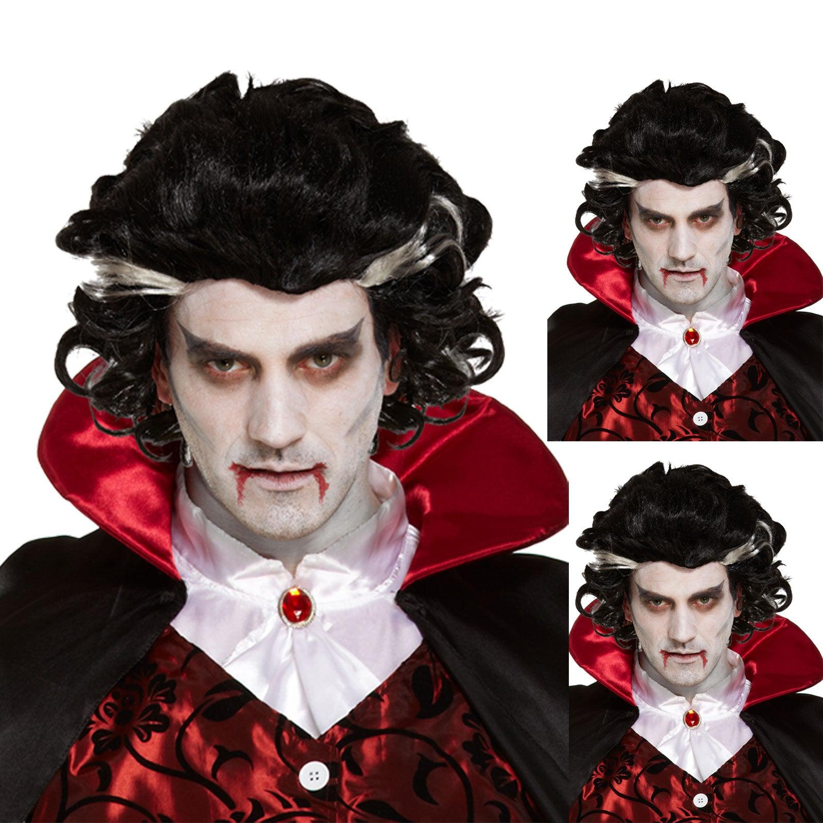 Pack of 3 Vampire Wigs for Men - Two-Tone Black Wig with White Streaks - Halloween Spooky Scary Fancy Dress Costume Accessories - Labreeze