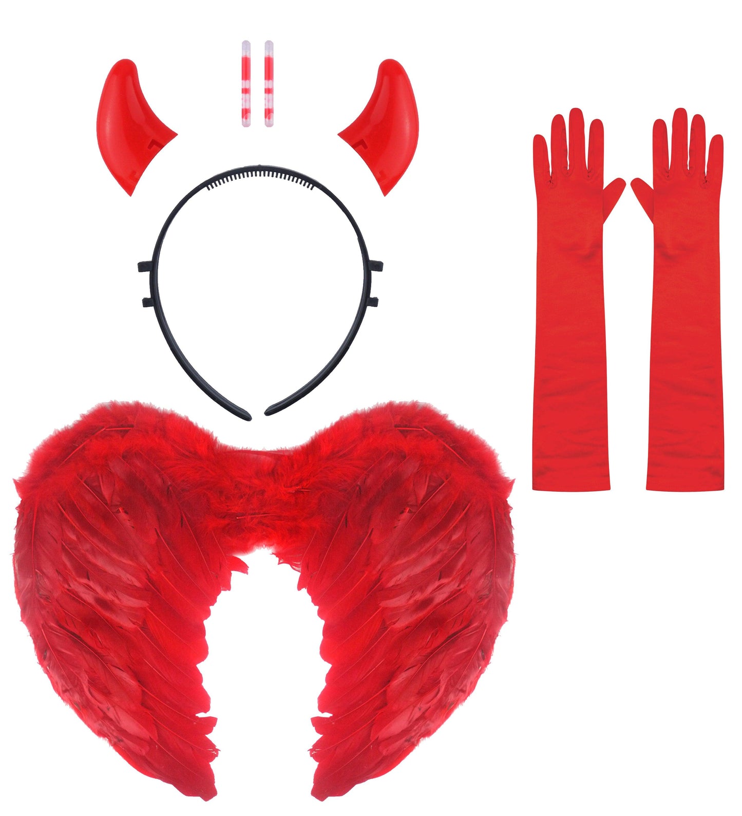 Red Feather Wings, Glow-in-the-Dark Devil Horns, and Elegant Long Satin Gloves Halloween Costume Set - Labreeze