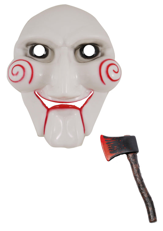 Scary Jigsaw Puppet Face Mask & Fake Bloody Axe Brown Halloween Horror Clown Costume Set - Labreeze