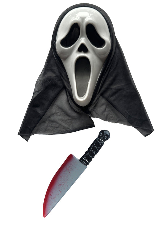 Scream Hooded Mask and 38cm Fake Blooded Knife Prop - Halloween Horror Spooky Fancy Dress Party Costume Set - Labreeze