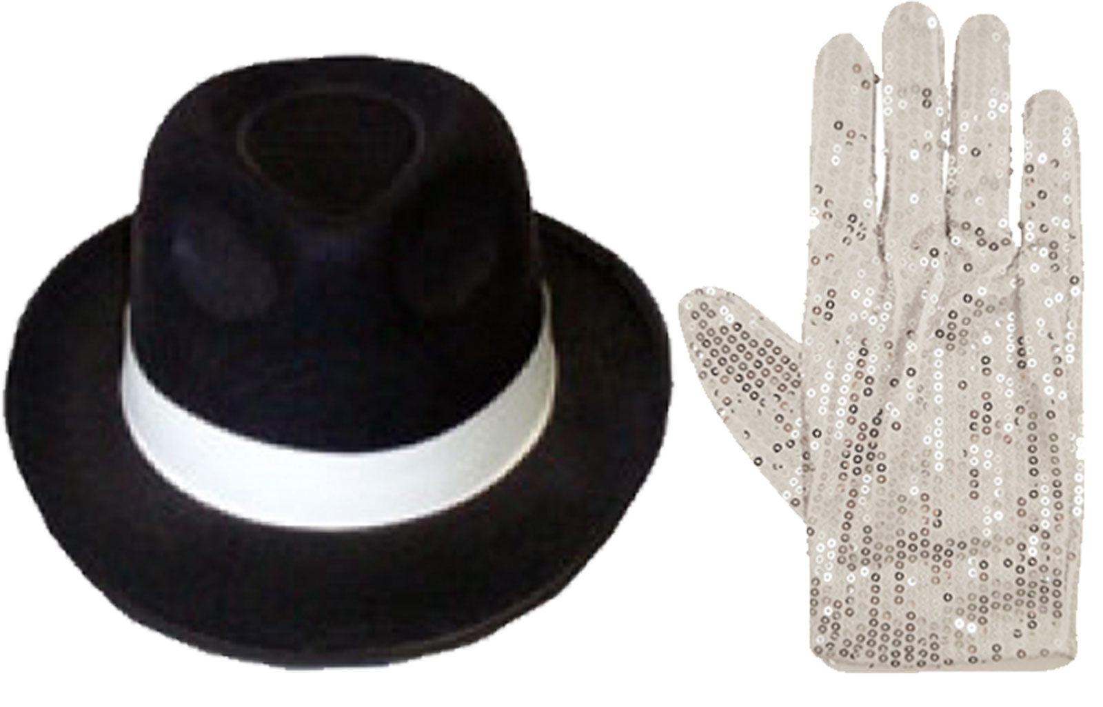 Sequin King of Pop Glove with Black Trilby Hat Michael Jackson Sparkle Thriller Style Fancy Dress Set - Labreeze