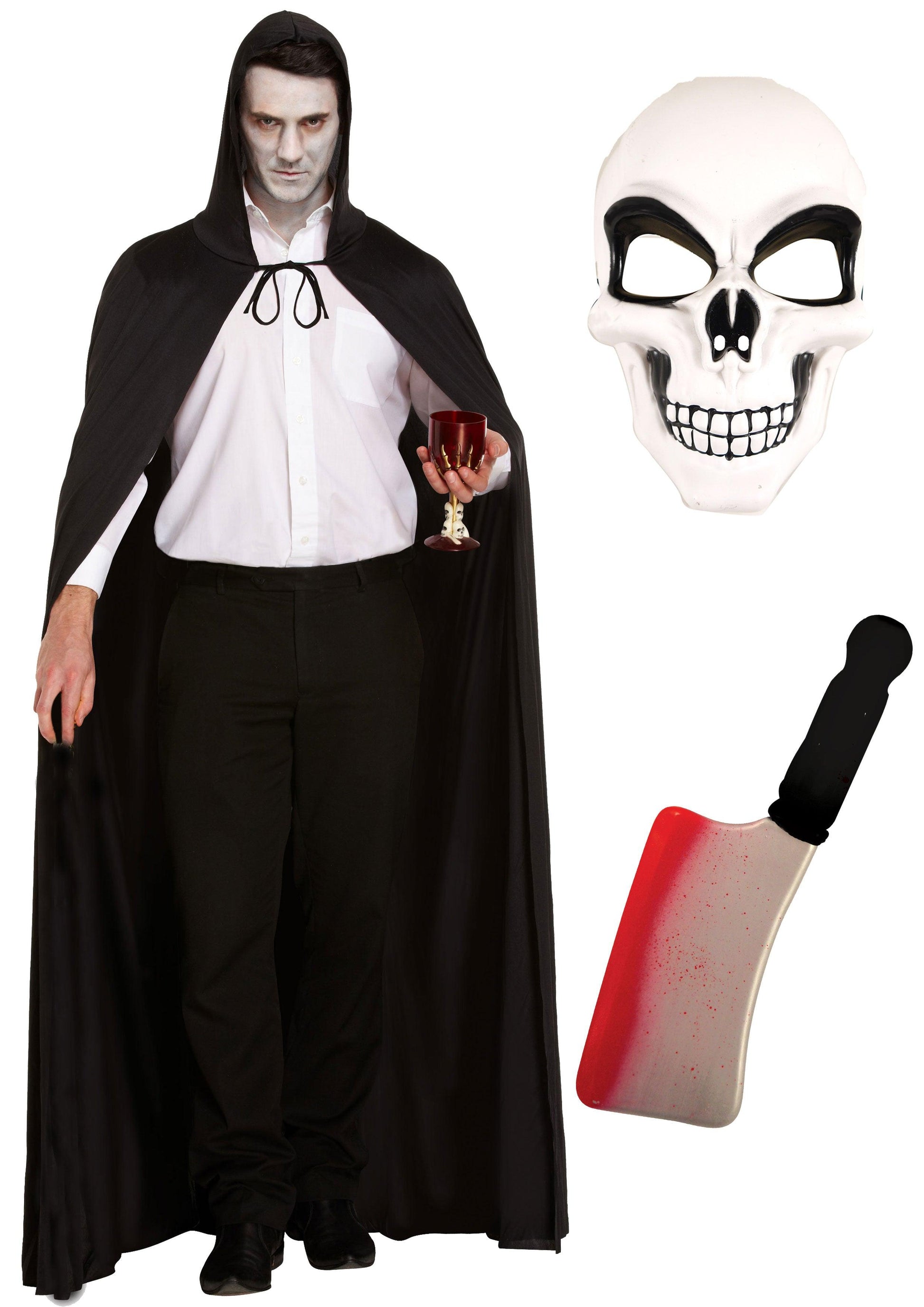 Specter of Dread Costume Set: Long Black Cape, Hood, White Skeleton Face Mask, and Fake Blooded Cleaver Weapon - Labreeze