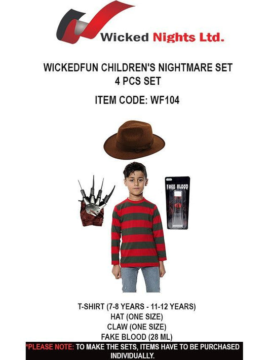 “Spooky Adventures: Wicked Fun Children’s Nightmare 4-Piece Set”. “Complete Spooky Adventures Costume Set: T-Shirt, Hat, Claw, and Fake Blood” - Labreeze