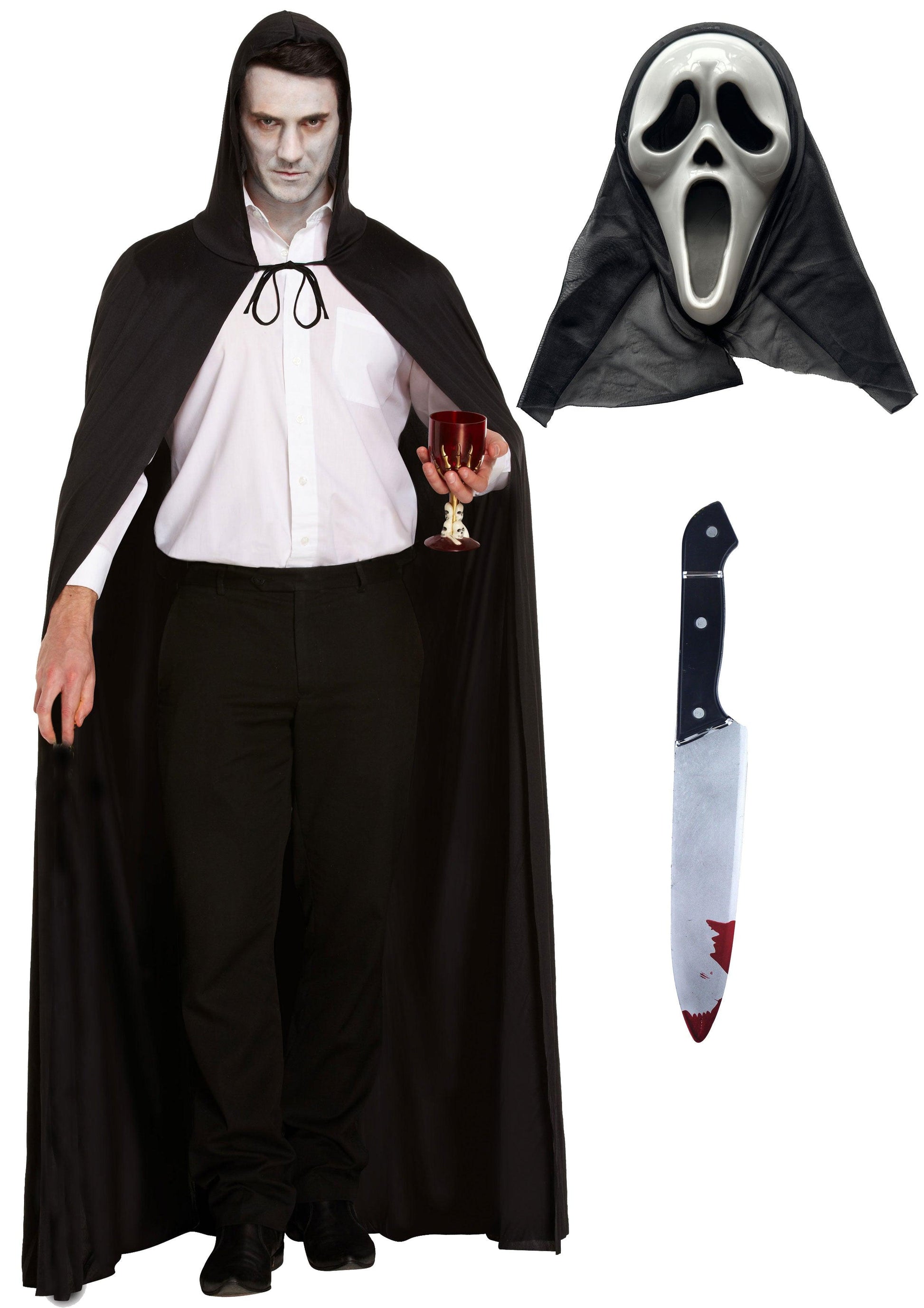 Terrifying Ghost Costume Ensemble: Long Black Cape, Scream Ghost Killer Mask, and 31cm Fake Bloody Knife - Labreeze