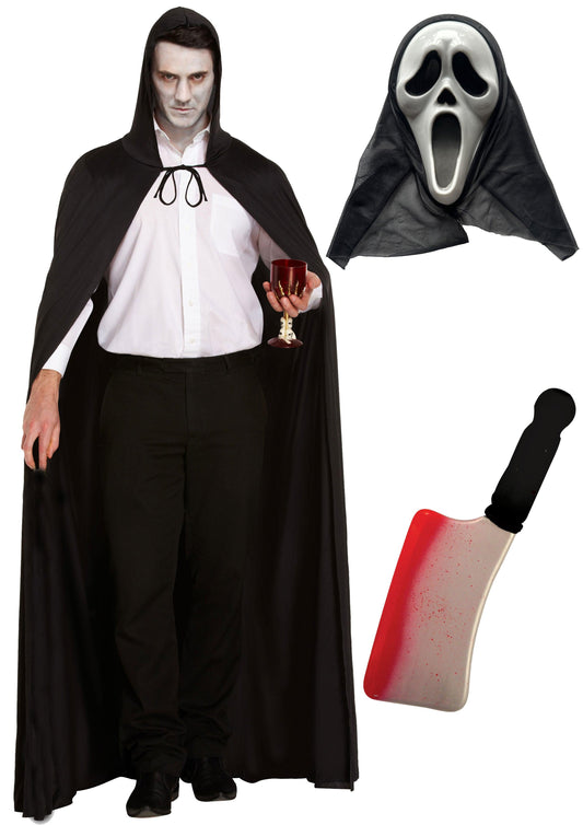 Terrifying Ghost Costume Set: Long Black Cape, Scream Ghost Killer Mask, and Bloodied Cleaver Weapon - Labreeze