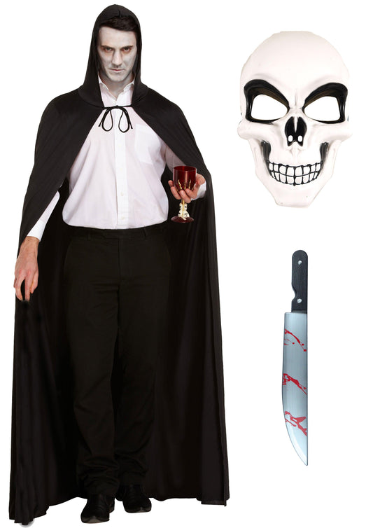 Terror in the Kitchen Costume Set: Long Black Cape, Hood, Skeleton Face Mask, and Fake Bloodied Kitchen Knife - Labreeze