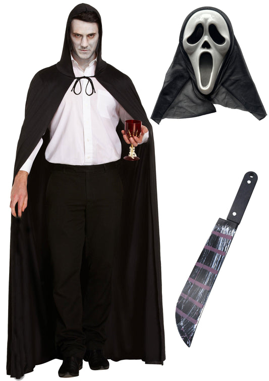 Terror Unleashed: Long Black Cape, Bleeding Scream Mask, and Fake Blooded Machete Prop - Labreeze