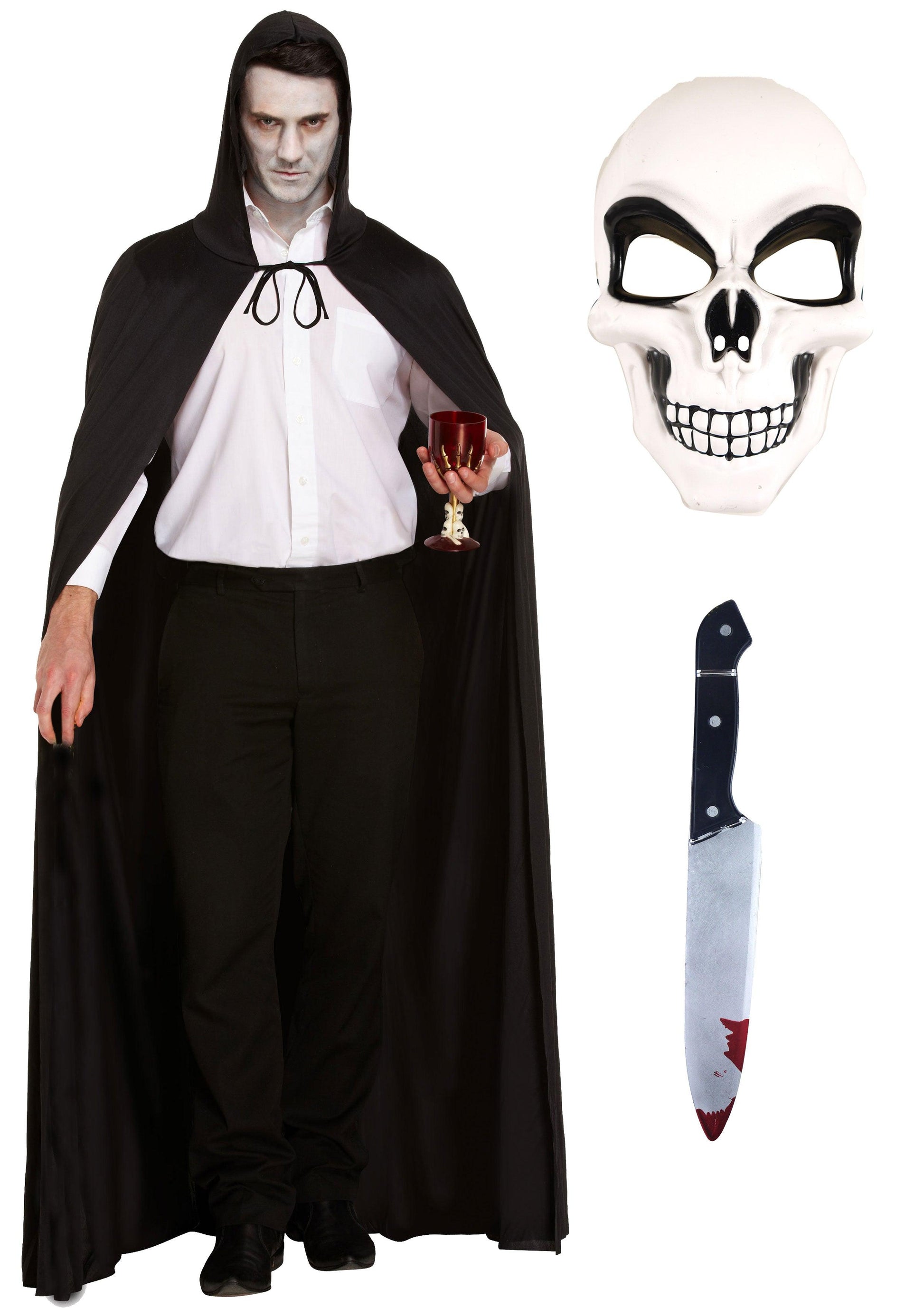 Terror Unveiled Costume Set: Long Black Cape, Hood, White Skeleton Mask, and Fake Bloody Knife - Labreeze