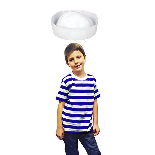 Children’s Sailor Blue White Striped T-Shirt & Doughboy Hat Costume – Unisex Kids Fancy Dress for Boys & Girls, Nautical Themed Party Outfit, World Book Day Dress Up