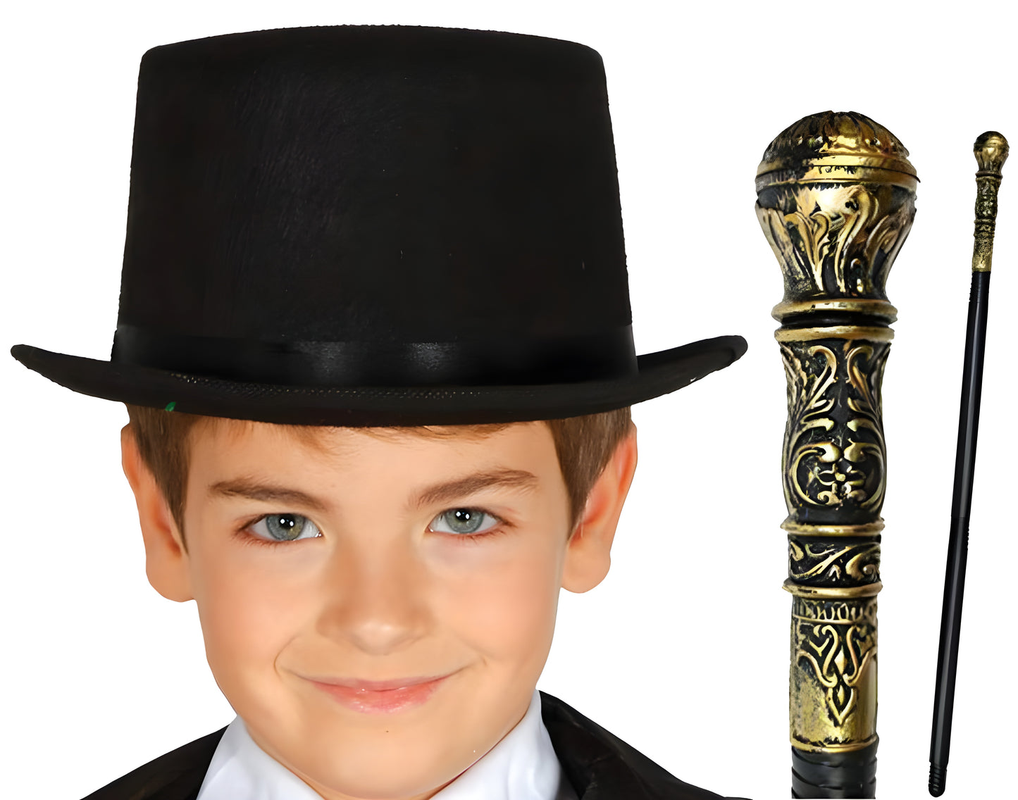 Kids Victorian Gentleman Black Top Hat & Cane Set - World Book Day Fancy Dress Costume for Boys & Girls, Classic Victorian Style Accessory for Themed Parties & School Events