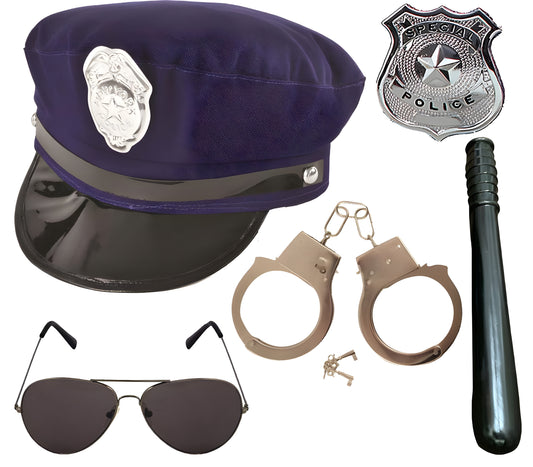 NYPD US Police Hat Handcuffs Badge Glasses Truncheon 5-Piece Set - Cop Fancy Dress Costume for Adults & Kids, Police Officer Accessories for Halloween, Role Play & Themed Parties