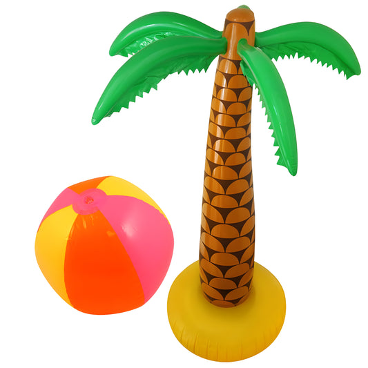 Inflatable Palm Tree 168 Cm & Beach Ball Set - Multicolour Luau Hawaiian Tropical Summer Party Decorations, Blow Up Palm Tree, Fun Beach Theme Party Supplies