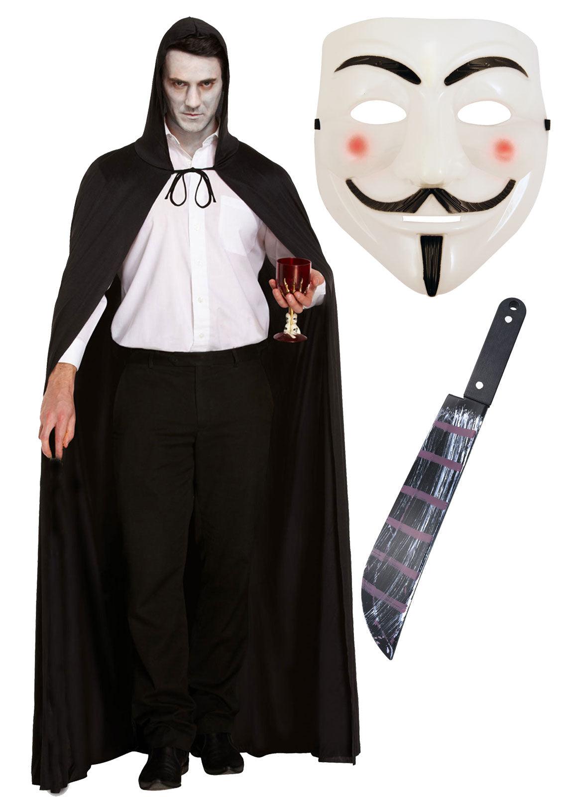 V for Vendetta Face Mask Long Black Cape with Hood Novelty Blooded Machete 50 Cm Halloween Scary vendetta Costume Set - Labreeze