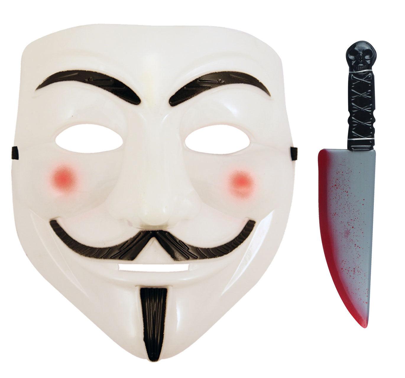 V for Vendetta Face Mask with Fake Plastic Blooded Knife Weapon Halloween Horror Fancy Dress Set - Labreeze