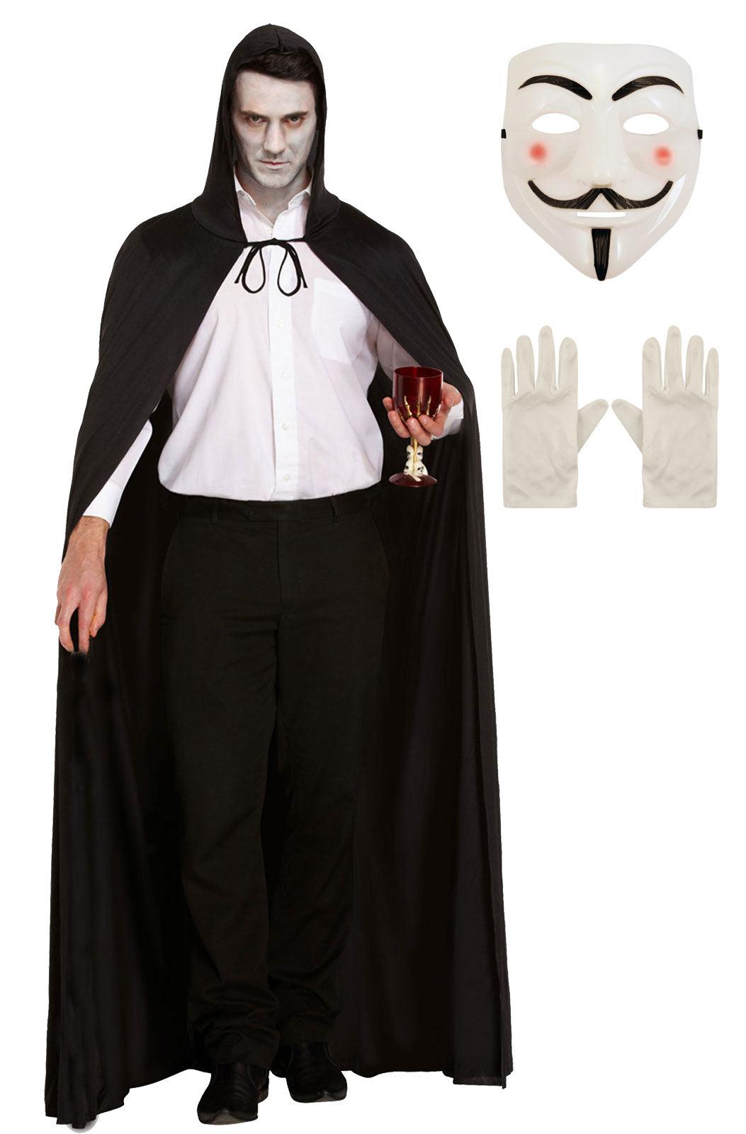 V for Vendetta Halloween Costume Set: Face Mask, Long Black Hooded Cape, and White Short Cotton Gloves - Labreeze