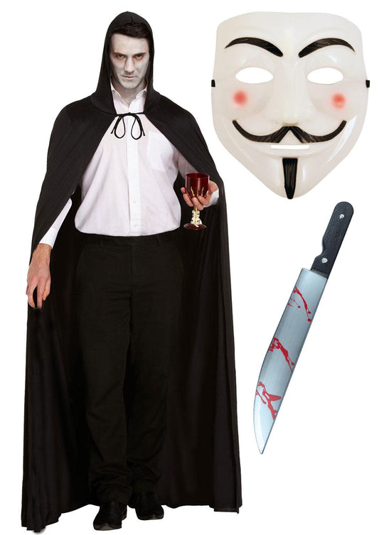 V for Vendetta Mask, Long Black Cape with Hood & Bloodied Kitchen Knife Halloween Scary Costume Set - Labreeze