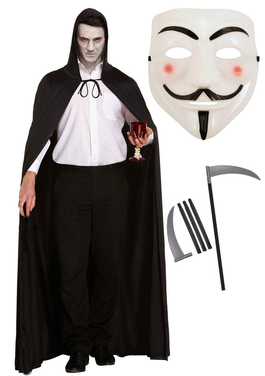 V for Vendetta Mask Long Black Hooded Cape Grim Reaper Scythe Halloween Horror Fancy Dress Party Costume - Labreeze