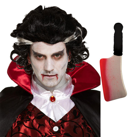 Vampire Wig Men Two Tone Black wig with White Streaks Blooded Cleaver Halloween Spooky Scary Fancy Dress Set - Labreeze