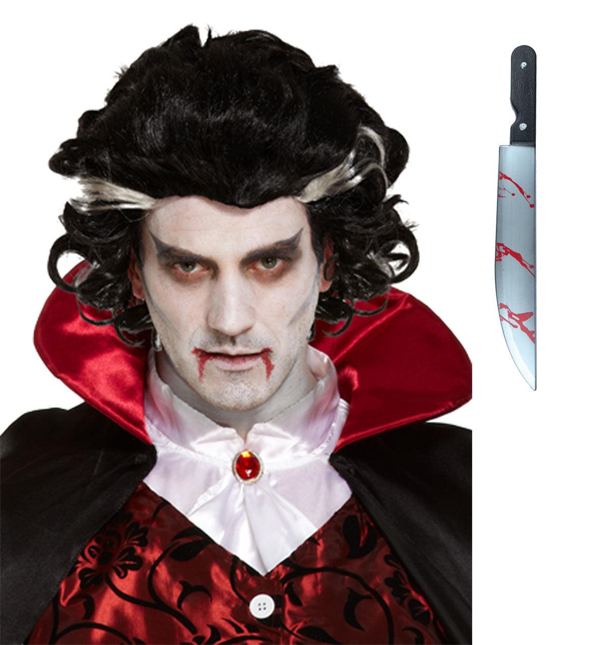 Vampire Wig Two Tone Black wig Blooded Kitchen Knife Halloween Spooky Scary Fancy Dress Set - Labreeze