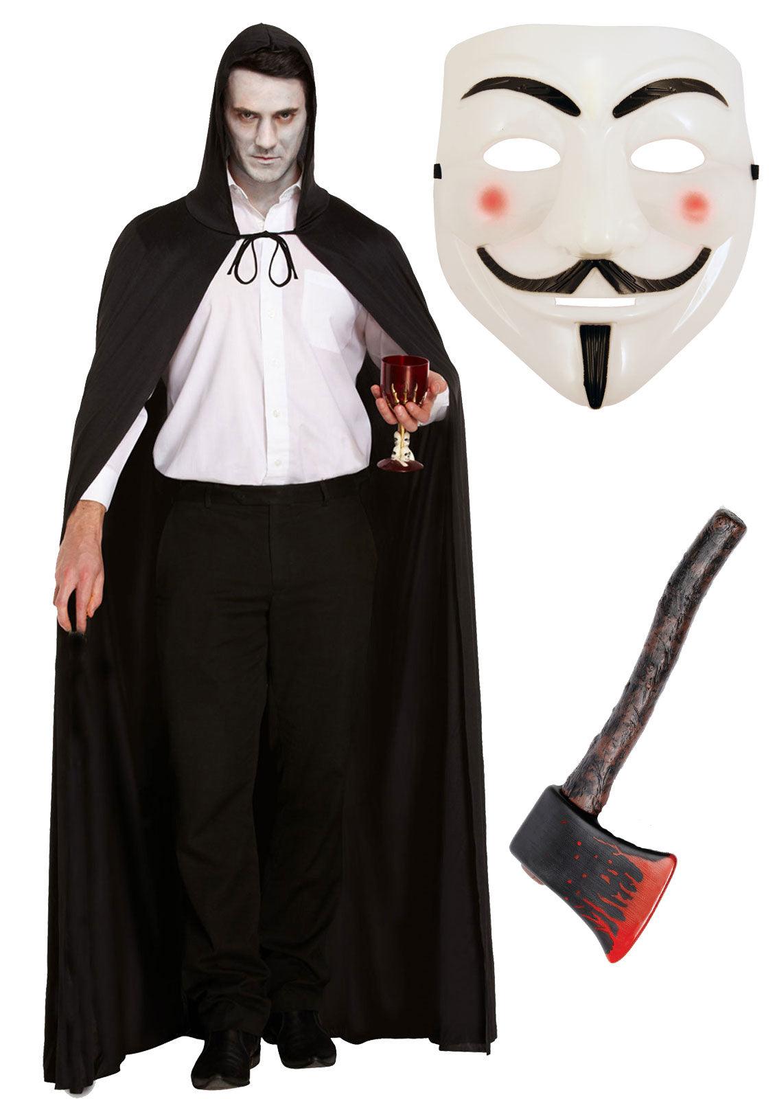 Vigilante Revolution Costume Set: V for Vendetta Mask, Long Black Hooded Cape, and Fake Bloody Axe - Labreeze