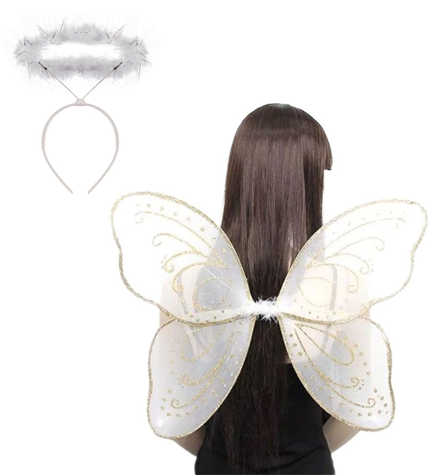 White Fairy Wings with Gold Glitter and Angel Halo Headband Halloween Costume Set - 2 Pieces - Labreeze