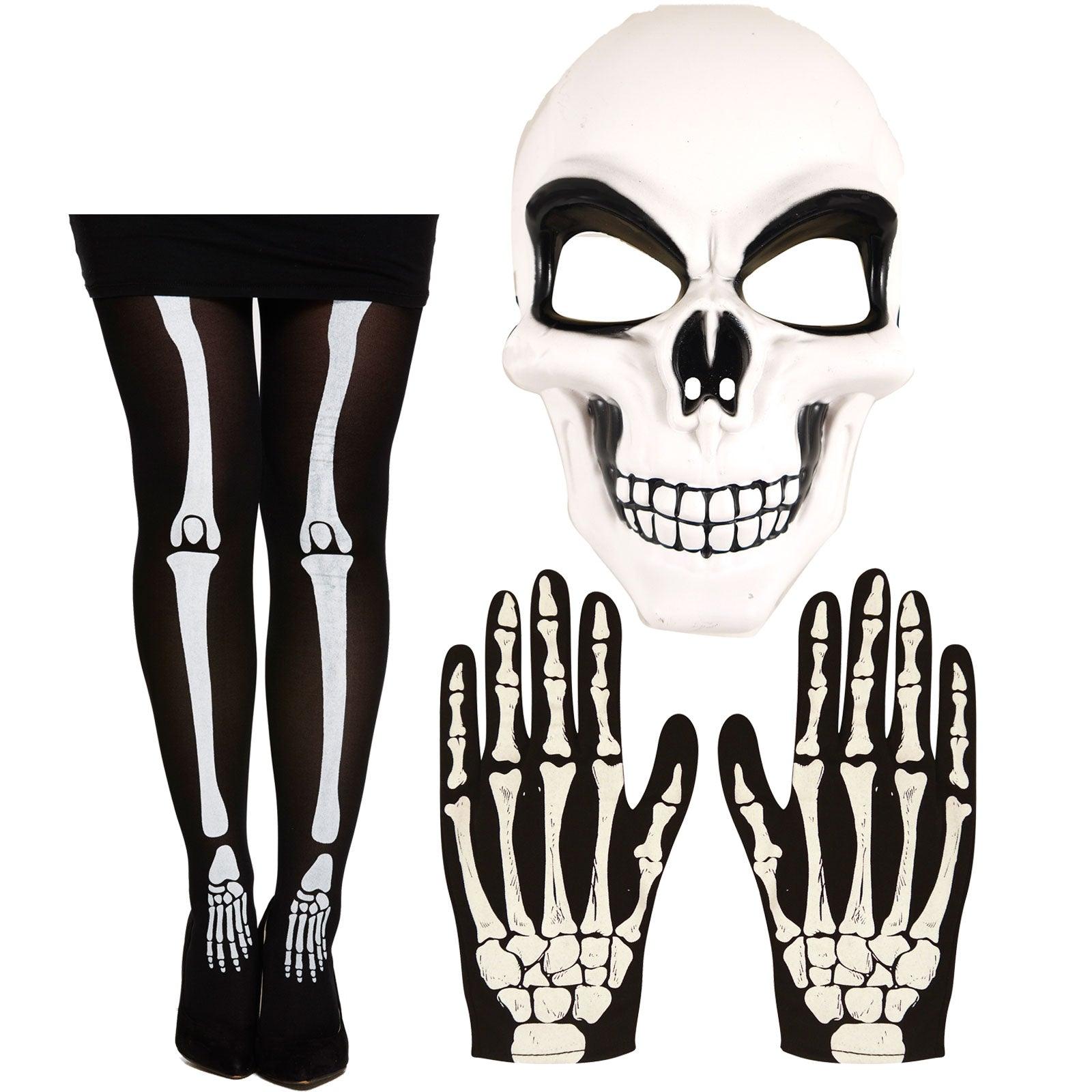 White Skeleton Mask Bone Print Tights Skeleton Gloves Halloween Adults Scary Horror Fancy Dress Costume - Labreeze