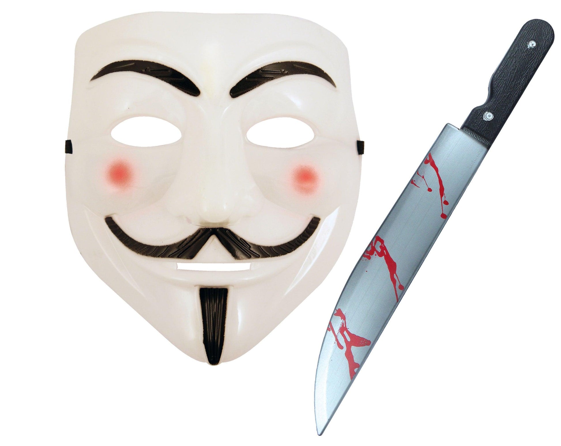 "White V for Vendetta Face Mask with Fake Blooded Knife (50 cm) - Halloween Purge Anonymous Ghost Fancy Dress Set" - Labreeze