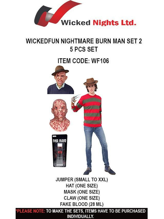 “Wicked Fun Nightmare Burn Man Costume Set 2: Blaze a Trail of Fear”. “Wicked Fun Nightmare Burn Man 5-Piece Costume Set: Hat, Mask, Claw, Fake Blood, and More - Labreeze